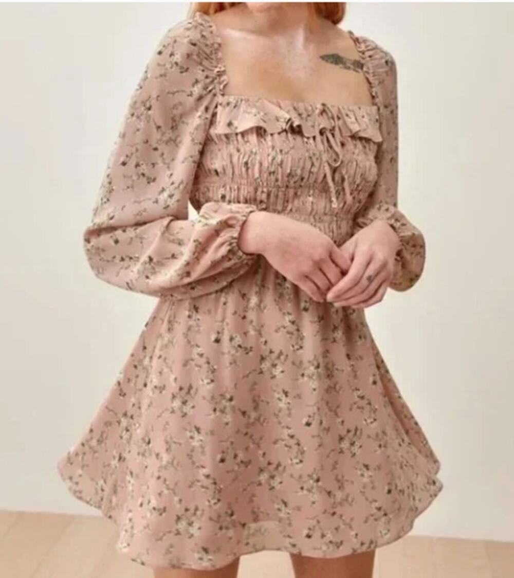 Reformation Morris Floral Mini Dress Pink Cottagecore Romantic Smocked Size 8